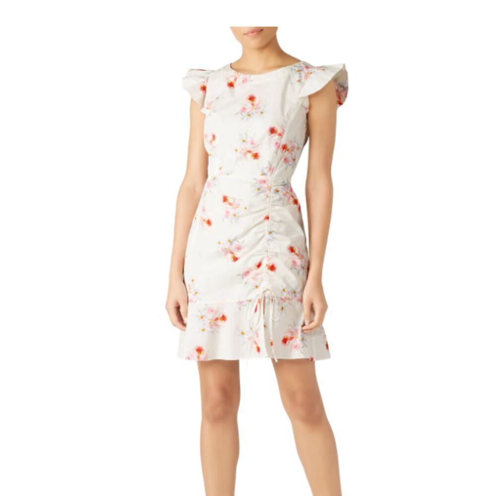 La Vie Rebecca Taylor Catrine‎ Ruched Dress White Floral Cotton Size XS